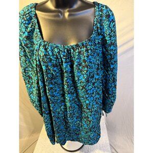 Terra & Sky Blue Floral Boho Top Shirt Blouse Romantic Womens Plus 1X 16W 18W